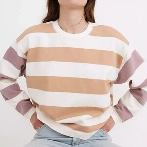 Madewell (re)sourced White and Tan Striped Sweatshirt Sweater w Purple Sleeves S